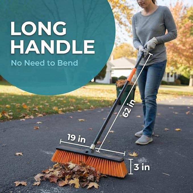 HELOMOR Outdoor Broom Set, 2 Pack Push Broom Outdoor with 62” Long Handles, Heavy Duty Brooms for Driveway, Deck, Garage & Patio, Includes Dustpan Bin and Work Gloves