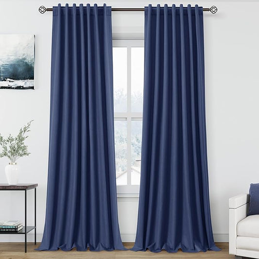 Nanspring 100% Blackout Curtains 2 Panels Set Classic Blue Window Curtains 102 Inches Long Cotton Textured Linen Thermal Insulated Noise Reducing Flax Linen Drapes for Living Room and Nursery 52x102