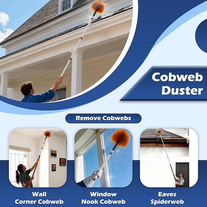 TONYINGO 26FT High Reach Duster Kits with 5-20FT Extension Pole, Cobweb Duster with Telescoping Pole, Washable Ceiling Fan Cleaner & Window Squeegee for Glass Surfaces & High Roof