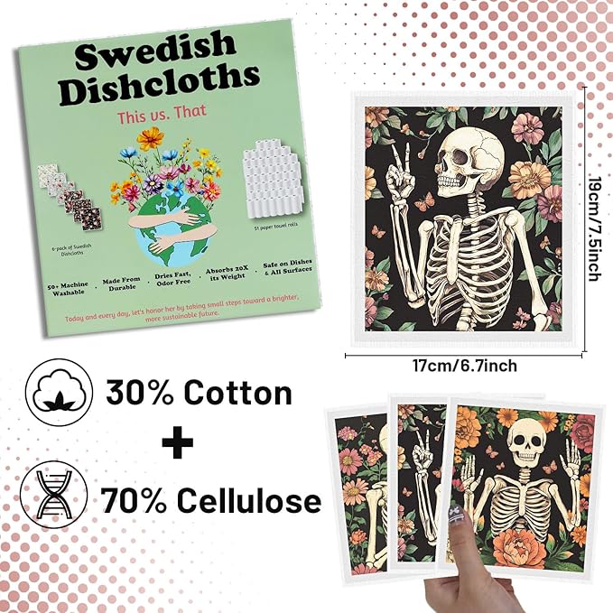 Floral Skull Swedish Dishcloths for Kitchen - 6PCS Gothic Skeleton Swedish Cloths for Washing Dishes Reusable Goth Dish Towels Washable Cleaning Sponge for Home Cleaning Party Fast Drying