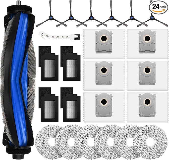 24 Pcs Replacement Parts Compatible with Ecovacs Deebot T50 Max Pro Omni Robot Vacuum, Include 1 Main Brush, 6 Dust Bags, 4 Filters, 6 Side Brushes, 6 Mop Pads and 1 Cleaning Tool