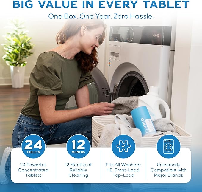 Clyrio Washing Machine Cleaner Tablets - Concentrated, Multi Purpose, Septic Safe - 24 Tablets