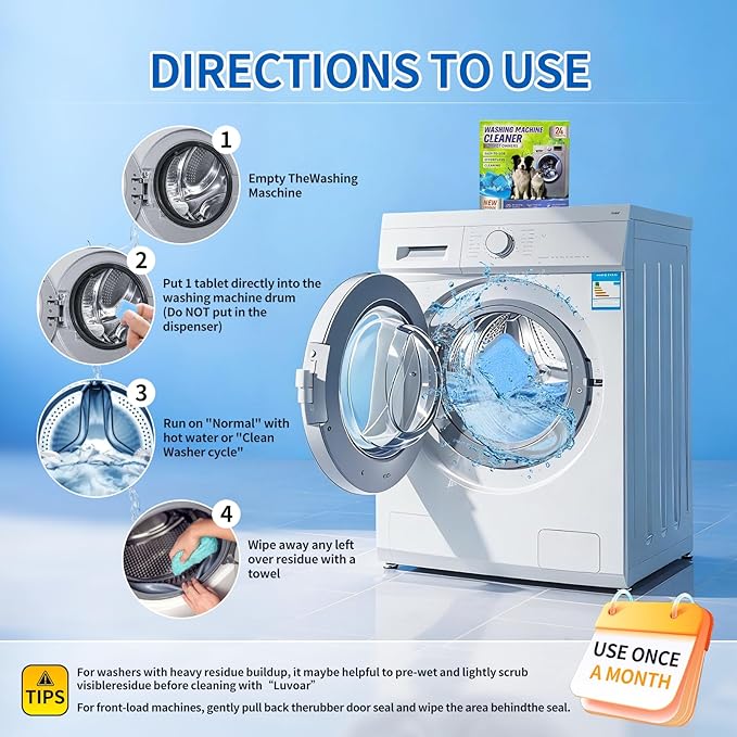 Ultra-Powerful Washing Machine Cleaner Tablets-24 Packs, Deep Cleaning Tablets for Front Loader, Top Load & HE Washers,Formulated for Pet Owners,1 Year Supply