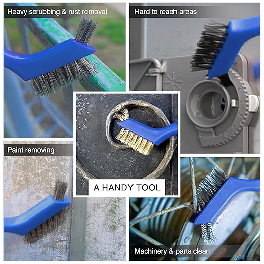 Lavaxon Wire Brush Set 3Pcs - Nylon/Brass/Stainless Steel Bristles with Curved Handle Grip for Rust, Dirt & Paint Scrubbing with Deep Cleaning – 7 Inches (Blue)