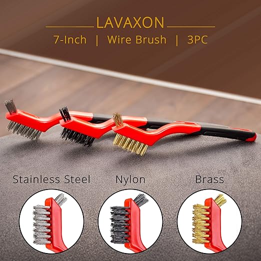 Lavaxon Wire Brush Set 3Pcs - Nylon/Brass/Stainless Steel Bristles with Curved Handle Grip for Rust, Dirt & Paint Scrubbing with Deep Cleaning – 7 Inches (Red)