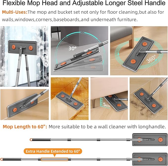 MUEE Mop and Bucket with Wringer Set for Home, Flat Mop and Bucket Set for Floor Cleaning and Window Wall Cleaner, Wet and Dry Mop with Long Handle and 4 Microfiber Pads