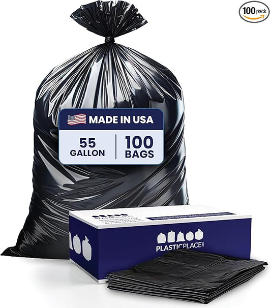 Plasticplace - W55LDBS1 55-60 gallon Trash Bags │ 1.7 Mil EQ │ Black Eco-Friendly Heavy Duty Garbage Can Liners │ 38” x 58” (100Count) Black