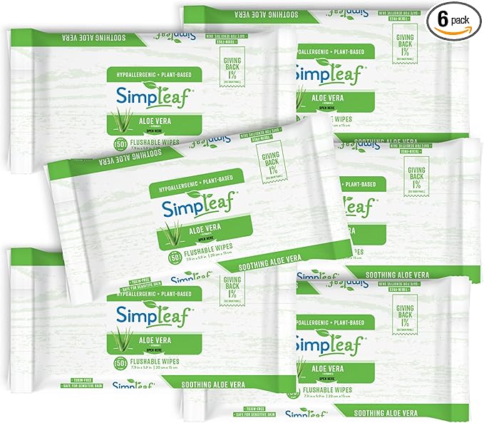 Simpleaf Flushable Wet Wipes Aloe Vera | Plastic Free, Paraben & Alcohol Free | Hypoallergenic & Safe for Sensitive Skin | Soothing Aloe Formula | Adult Toilet Wipes (6 x 50 Counts Pack) 300 Counts