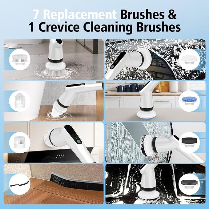WKY-Electric Spin Scrubber - Upgraded 12-in-1 IPX7 Waterproof Shower Scrubber, Retractable Handle & 2-Speed for Toilet, Bathroom, Bathtub, Tile Floors