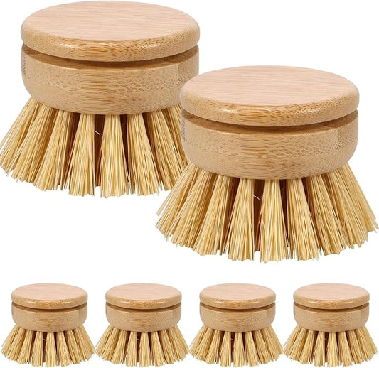 Bamboo Dish Brush - 6 Replacement Heads, Soft Sisal Bristle Scrubber, Brush for Kitchen Cleaning