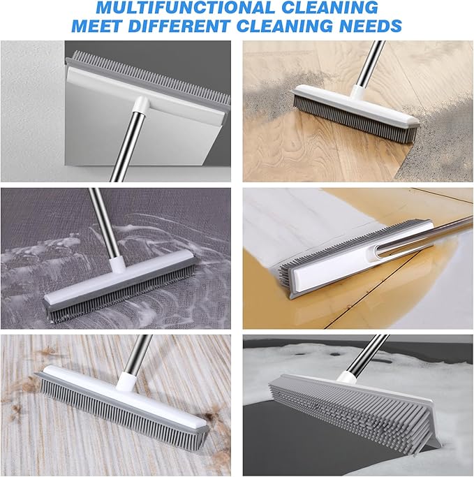 Rubber Broom with Built in Squeegee, Carpet Rake for Pet Hair Removal, Fur Remover Broom with 51" Adjustable Long Handle, Soft Push Broom for Carpet, Hardwood Floor, Tile