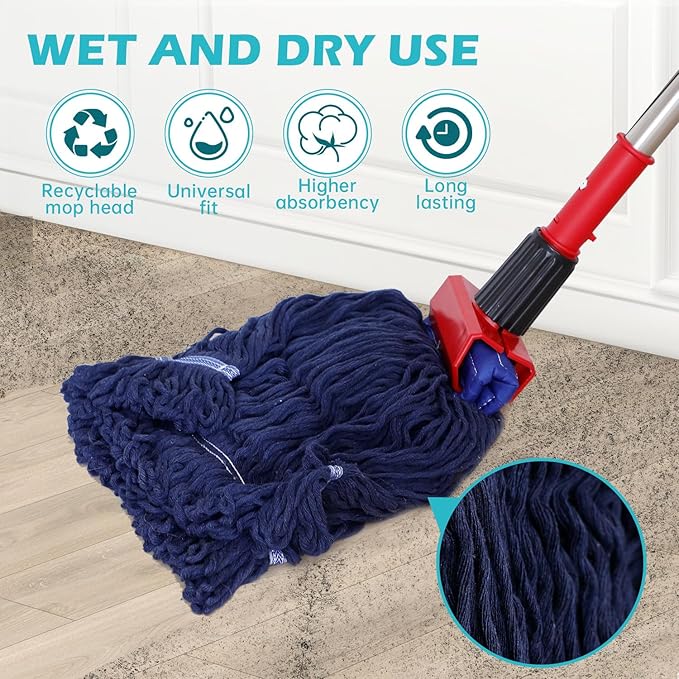 Heavy Duty Commercial Mop with 77inch Long Handle, Looped-End String Wet Mop with 12 Mop Heads for Home, Garage, Office Floor Cleaning (Orange-Blue)