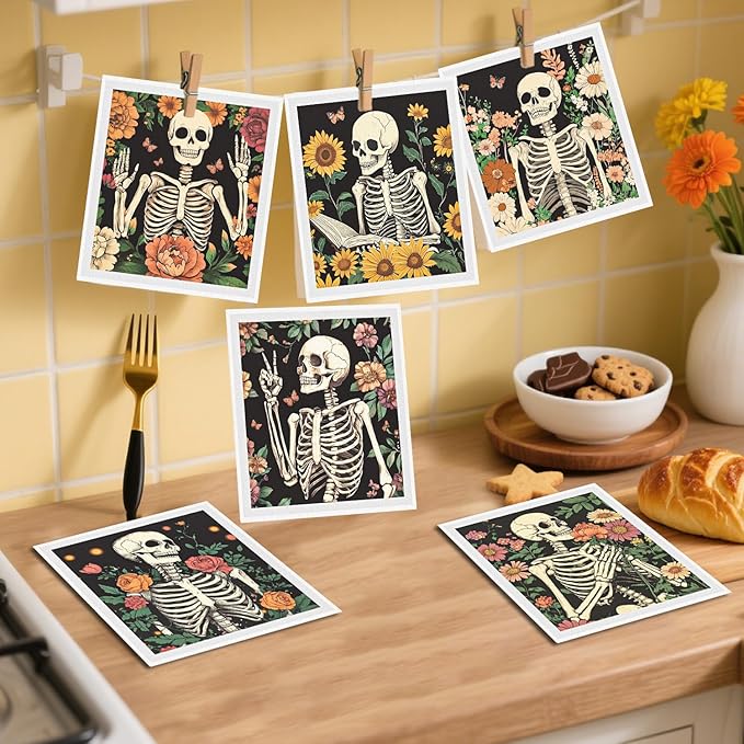 Floral Skull Swedish Dishcloths for Kitchen - 6PCS Gothic Skeleton Swedish Cloths for Washing Dishes Reusable Goth Dish Towels Washable Cleaning Sponge for Home Cleaning Party Fast Drying