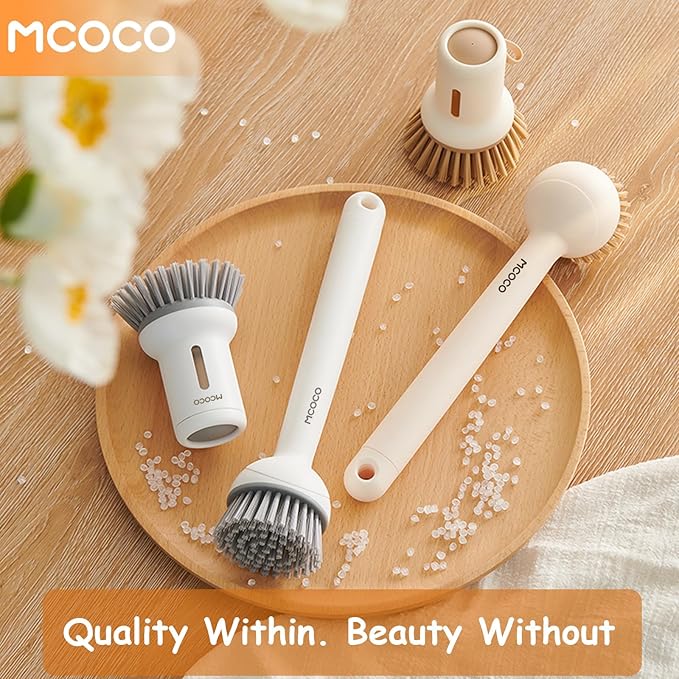 MCOCO Dish Brush Set with Soap Dispensing Palm Brush Dish Scrub Brush with Soap Dispenser Palm Dish Brush Kitchen Cleaning Brush with Ergonomic Long Handle for Cleaning Sink, Pot, Pan, Stove, White