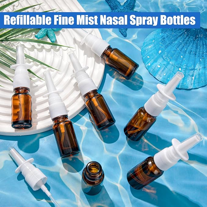 10 Pcs Nasal Spray Bottle, 10ML/0.35OZ 6 Pcs Refillable Fine Mist Glass Empty Nasal Spray Bottle with 2 Pcs Funnels and 2 Pcs Labels