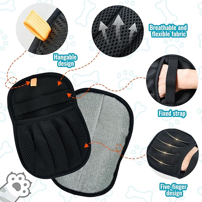 Quppa 2 PCS Pet Hair Removal Glove for Dogs and Cats Reusable Newly Upgraded Five-Finger Electrostatic Pet Cat Dog Hair Remover Non-Slip Dog Hair Remover Tool for Couch, Clothing, Car Seat,Carpet