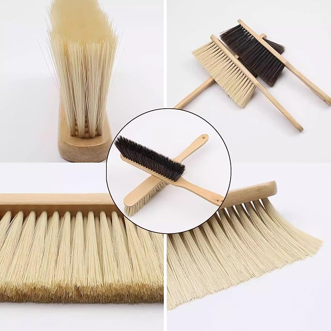 2 Pieces Woooden Dust Brush Hand Broom Bench Brush with Long Wood Handle Whisk Broom Soft Bristle Brush for Counter Bed Sofa Car Fireplace Clothes Household Cleaning (Brown,Beige)