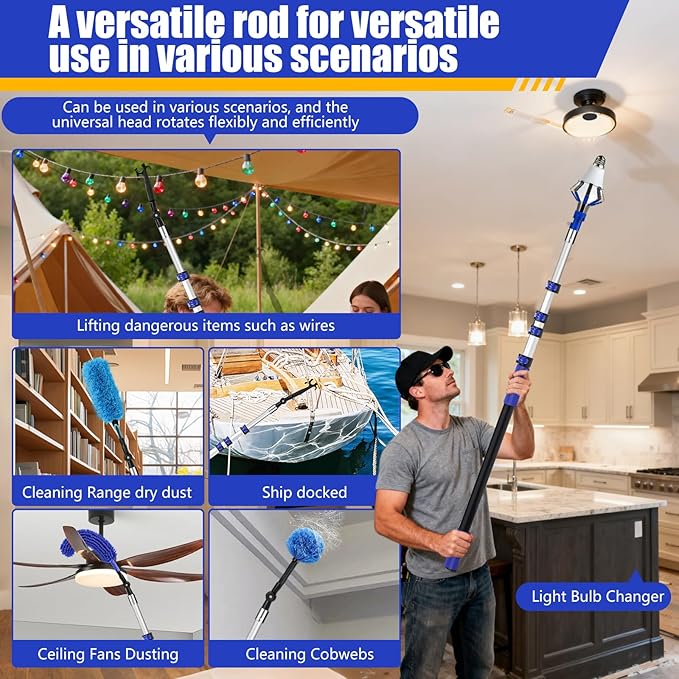 20FT Light Bulb Changer for High Ceilings with 5-12FT Heavy Duty Extension Pole,High Ceiling Ceiling Fan Cleaner Duster Kit for Home & House High Window, Interior Roof Window Cleaning Blue