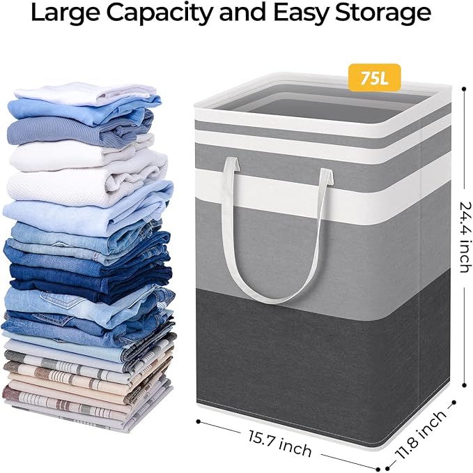 HomeHacks 1-Pack Large Laundry Basket,Waterproof, Freestanding Laundry Hamper, Collapsible Tall Clothes Hamper with Extended Handles for Clothes Toys in The Dorm and Family-(Gradient Grey, 75L)