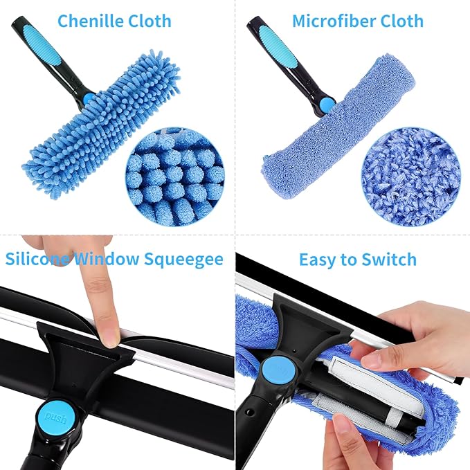 PHABULS Window Washing Kit with Extension Pole, 73’’ Window Cleaning Squeegee Kit, 3 in 1 Window Cleaning Kit with 2 Microfiber Pads & 2 Chenille Pads for Indoor Outdoor Windows