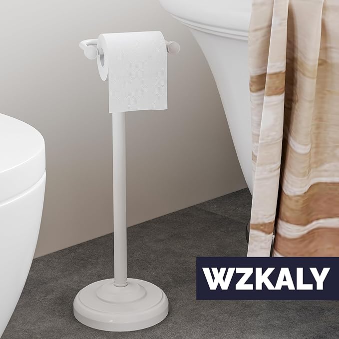 WZKALY Toilet Paper Holder Stand, White Toilet Paper Holder Free Standing, Post Pivoting Design & Stable Weighted Base SUS304 Stainless Steel for Bathroom (Mega Roll)