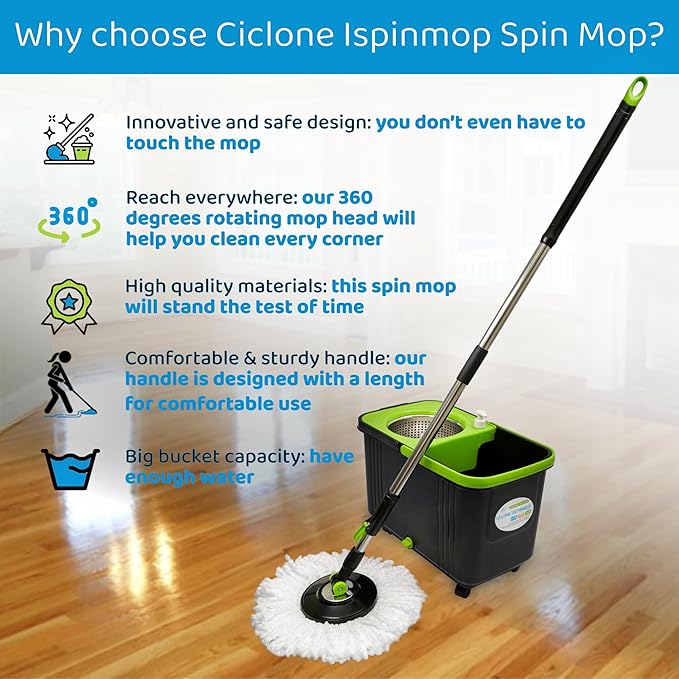Spinning Mop and Bucket with Wringer Set for Home - 360 Spin Mop with Adjustable Handle & Bucket with Wheels - 1 Microfiber Mop Head - Mop and Bucket Set for Floor Cleaning at Home, Office, Hotel