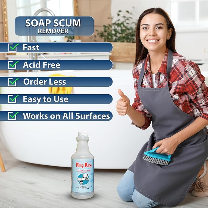 Amazon Brand - Ring King Toilet Soap Scum Remover For Shower | 32OZ Fast Acting Hard Water Stain Remover – Multi-Surface Bathtub Cleaner For Tile, Glass, Limescale & Sink – No Scrubbing
