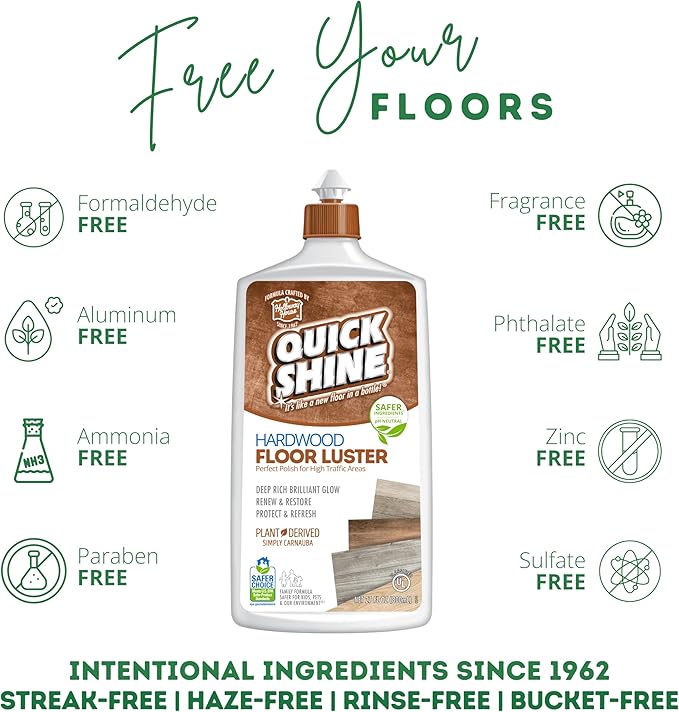 Quick Shine Hardwood Floor Luster-Polish 27oz-2pk | Plant-Derived w/Carnauba | Safer Choice, No PFAS, pH Neutral | Ready to Use Formula w/Anti-Slip Technology | Simply Squirt & Spread | Made in USA