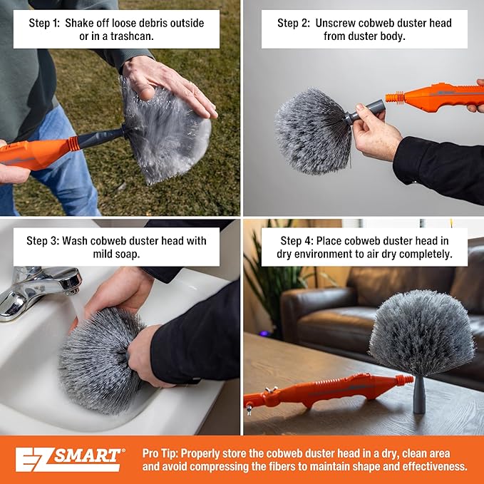 EZ Smart Powered Cobweb & Ceiling Fan Duster with 16ft Rigid Extension Pole – Adjustable Arm, Removable Washable Head, Interior & Exterior Use – Handheld or Pole-Mounted Cleaning Tool