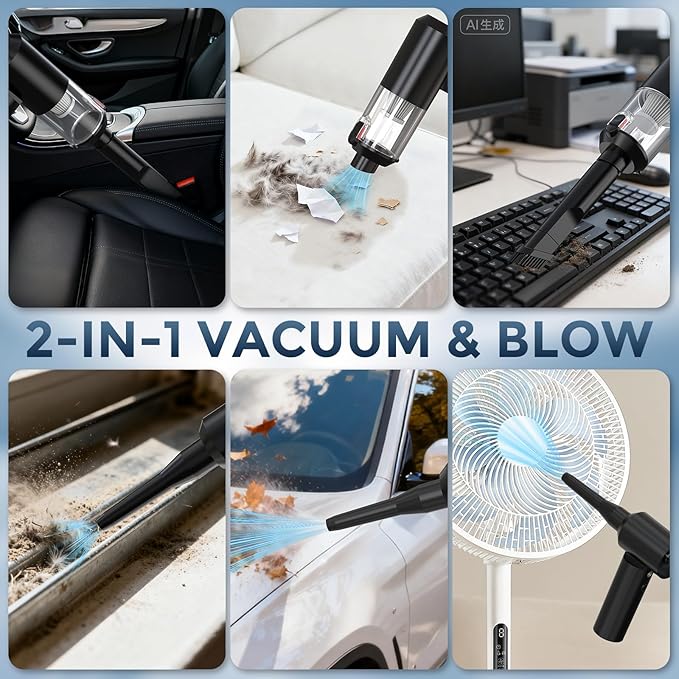 TURNRISE Car Vacuum Cordless: 12000Pa 2 in 1 Handheld Vacuum & Blower - Hand Vacuum Portable Cordless with Led Light, Multi-Nozzles for Car, Home, Office, Pet, Hair