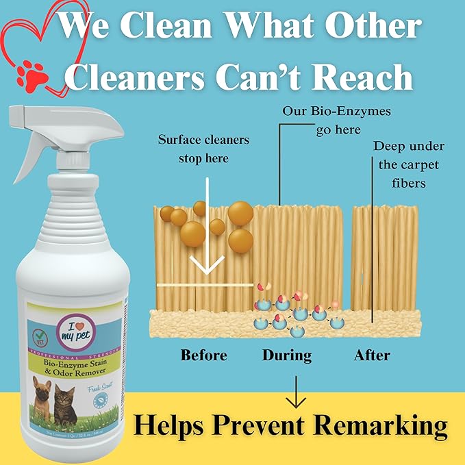Theochem I Love My Pet Enzyme Stain & Odor Eliminator for Dog & Cat Urine – Professional Strength Cleaner for Carpets, Furniture & Upholstery – Pet-Safe, Works on Set-In Odors – 32 oz