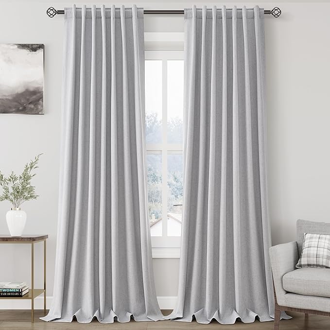 100% Blackout Linen Curtains 90 inch Length 2 Panels for Living Room Loop Pocket Pinch Pleated Black Out Drapes Grey Heat Reducing Total Blackout Window Curtains for Bedroom 90 inches Long