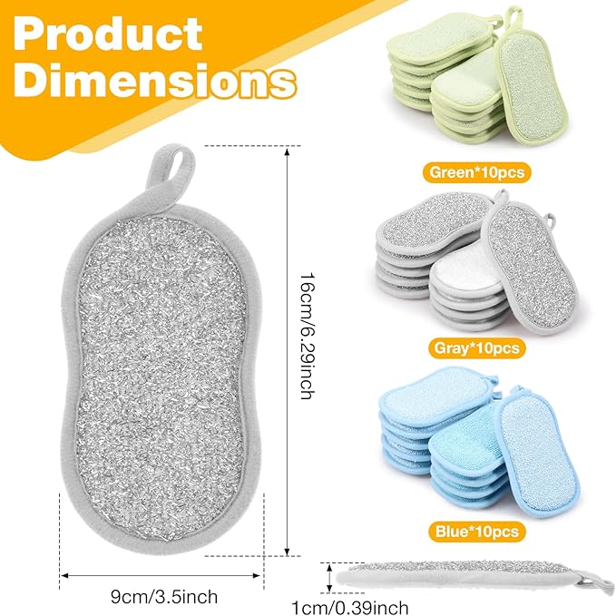 30 Pack Multi-Purpose Scrub Sponges Kitchen, Reusable Dish Sponges, Non-Scratch Microfiber Sponge for Efficiently Cleaning Dishes, Pots and Pans, 3 Colors