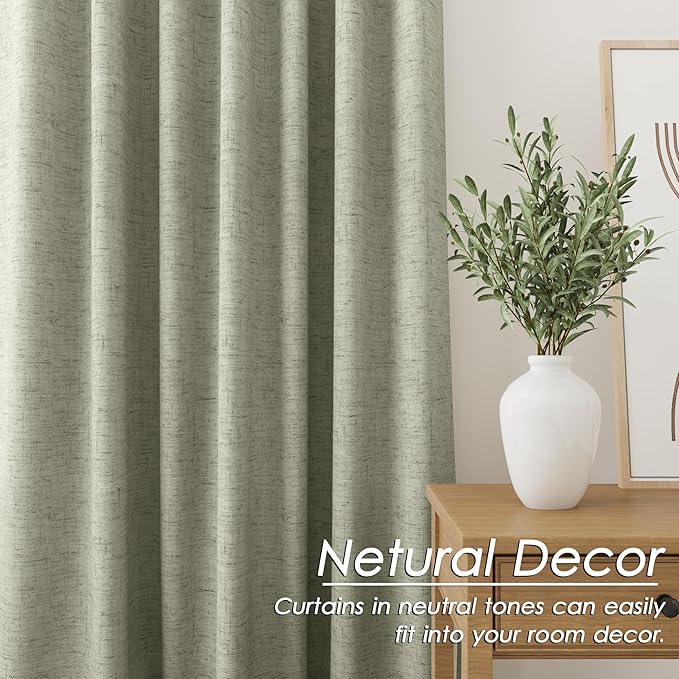 Nanspring Sage Green Linen 100% Blackout Curtains 100 inch Length Back Tab Rod Pocket Drapes Thermal Insulated Textured Living Room Black Out Curtains 2 Panels Set 52x100