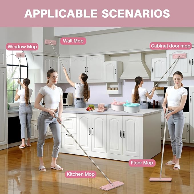 JOYMOOP Flat Mop, Microfiber Mops for Floor Cleaning, 60" Long Handle with Flexible 13" Flat Head, Pink