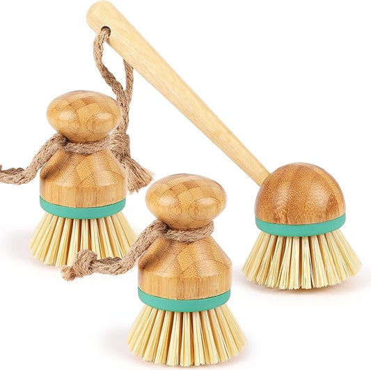 TOPULORS Set of 3 Bamboo Dish Scrub Brushes Wooden Handle Stiff Bristles Scrubbers for Cast Iron Pans Pots Vegetables Sink Cleaning - Durable Kitchen Dish Washing Brush (2 Mini and 1 Long Handle)…
