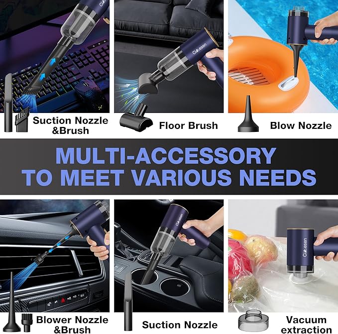 Cimesen Car Vacuum Portable 4 in 1 Vacuum Cleaner 12000Pa Mini Handheld Vacuum Cordless Rechargeable 120W High Power Vacuum Cleaner & Air Duster Multi-Nozzles for Car Home Office Pet