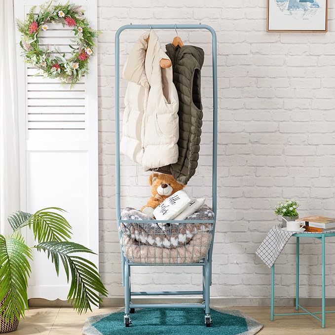 ALIMORDEN Laundry Cart with Clothes Rack, Rolling Laundry Butler with Wire Storage Rack, Grey Blue