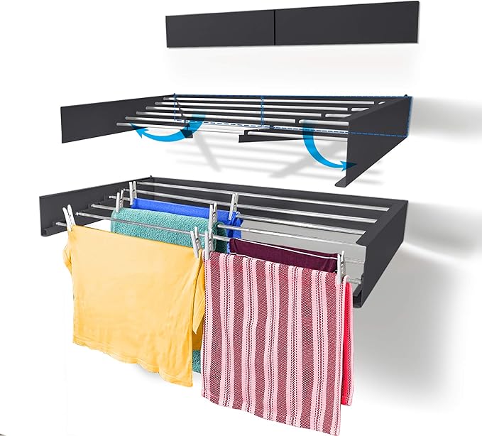 Step Up Laundry Drying Rack (40-INCH Industrial Gray), Wall Mounted, Retractable Clothes Drying Rack, 60lbs Capacity, 20 Linear Ft, with Wall Template and Long Screwdriver Bit