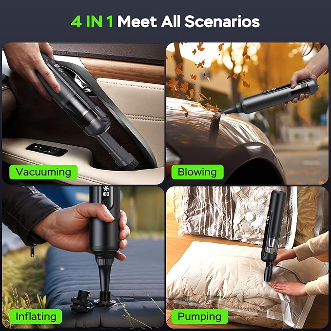 Portable Car Vacuum Cordless, 18000Pa 4-in-1 Suction Power Mini Vacuum Cleaner, 120W Brushless Motor Handheld Vacuum Cordless Rechargeable, 7800mAh Battery, LED Light, Multi-Nozzle for Car, Home, Pet