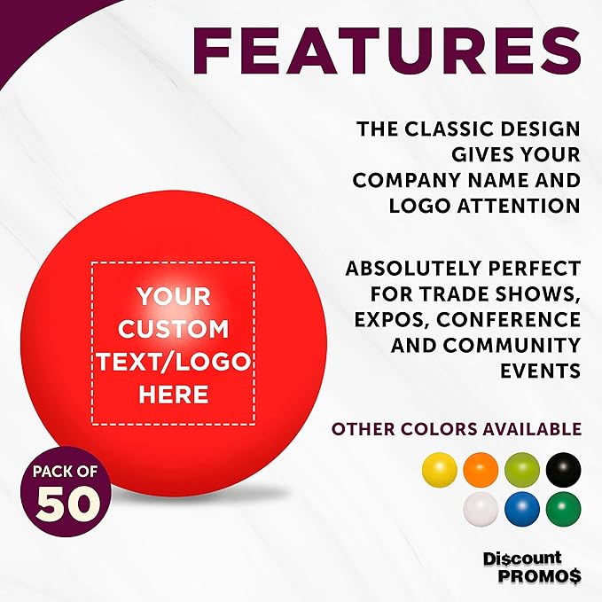 Custom Stress Balls for Adults, Hand Exercise, 50 Pack, Personalized Text, Logo, Perfect for Your Desk, Office, or Home, Red