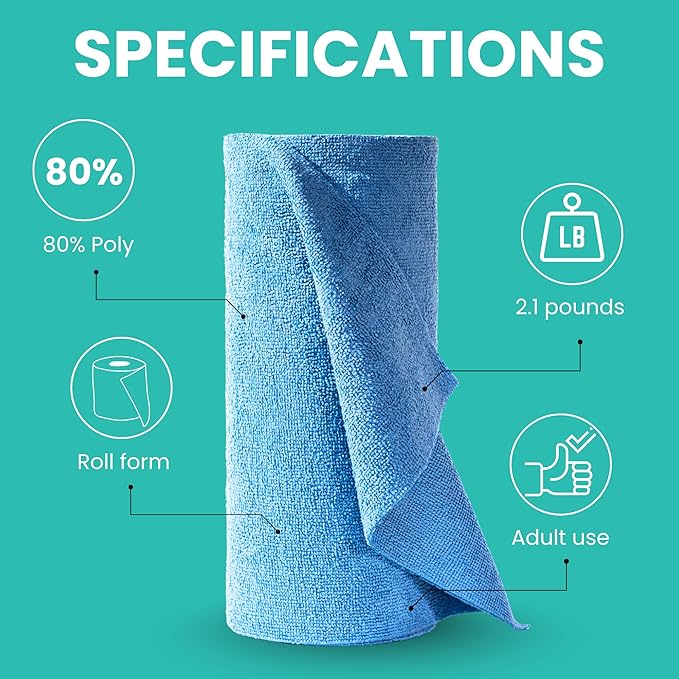 Microfiber Cleaning Cloth Roll, Reusable Tear Away Towels, Ultra Absorbent Dish Rags for Car, Home, Garage (Blue 200 GSM Thickness)