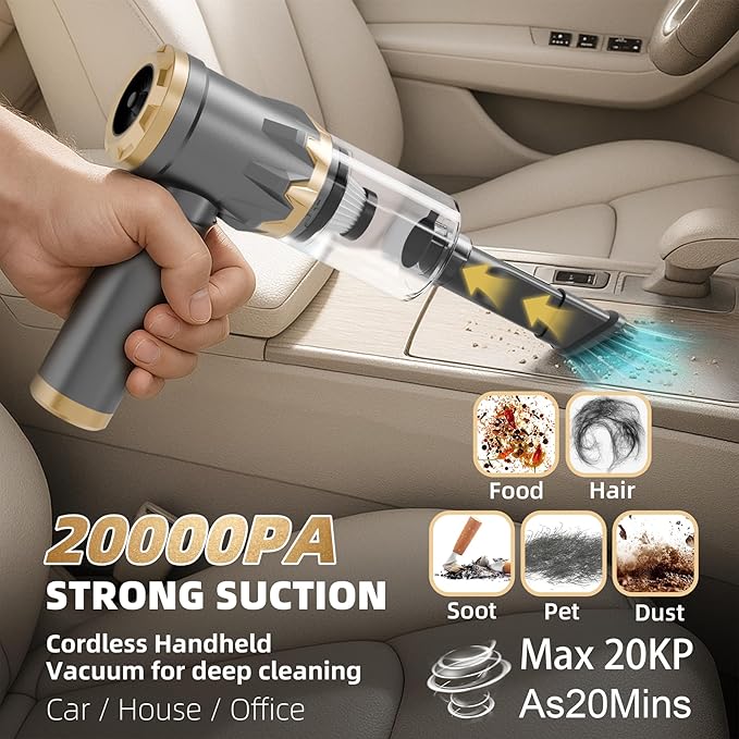 Car Vacuum Portable Cordless, 20000PA High Power Vacuum Cleaner, Brushless Motor, 3-Speed Modes, 4 in 1 Compressed Air Duster, Air Blower, Pump Handheld Vacuum for Car, Home, Office, Camping - Grey