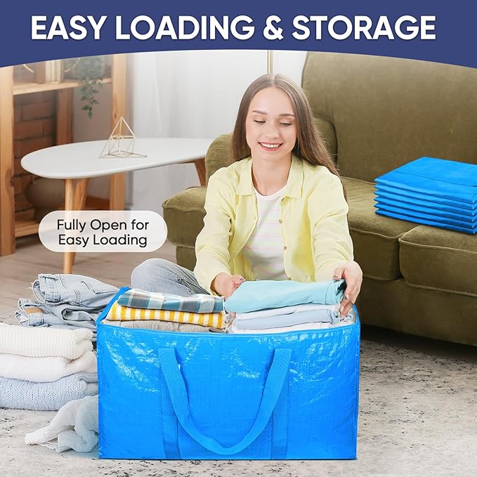 TICONN 8 Pack Extra Large Moving Bags with Zippers & Carrying Handles, Heavy-Duty Storage Tote Moving Boxes for Space Saving (8 Pack, Sky Blue)