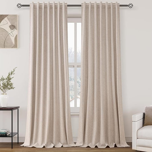 100% Blackout Linen Curtains 90 inch Length 2 Panels for Living Room Loop Pocket Pinch Pleated Black Out Drapes Oatmeal Heat Reducing Total Blackout Window Curtains for Bedroom 90 inches Long