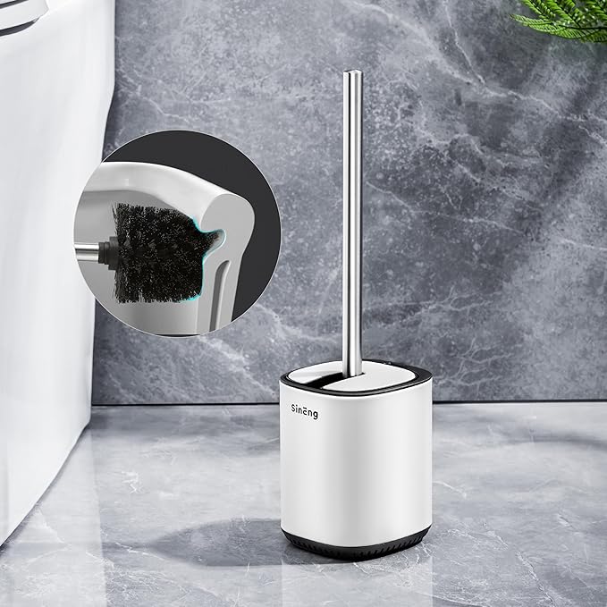 Toilet Brush and Holder Set Toilet Bowl Brush Stainless Steel Automatic Open lid Toilet Bowl Cleaner Brush with Durable Bristle Head Toilet Cleaning Brush for Bathroom (White, 2 Pack)
