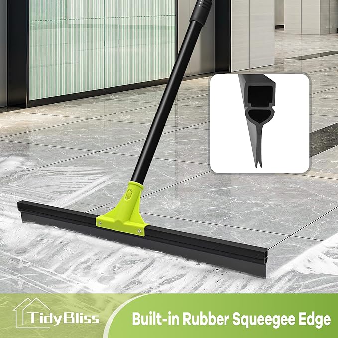 TidyBliss Floor Squeegee Heavy Duty, 24” Rubber Foam Water Scraper Broom, Epoxy Wiper Mop with 62 inches Long Handle for Cleaning Concrete Pool Rug Garage Deck Shower Window Outdoor Indoor (Green)
