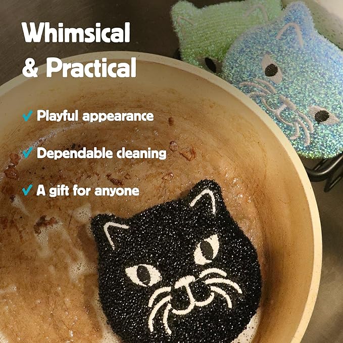 Kikkerland Reusable Cat Scrub Sponge – Cleaning Supplies for Kitchen, Home Essentials – Fun Gifts for Kids & Adults – Set of 3