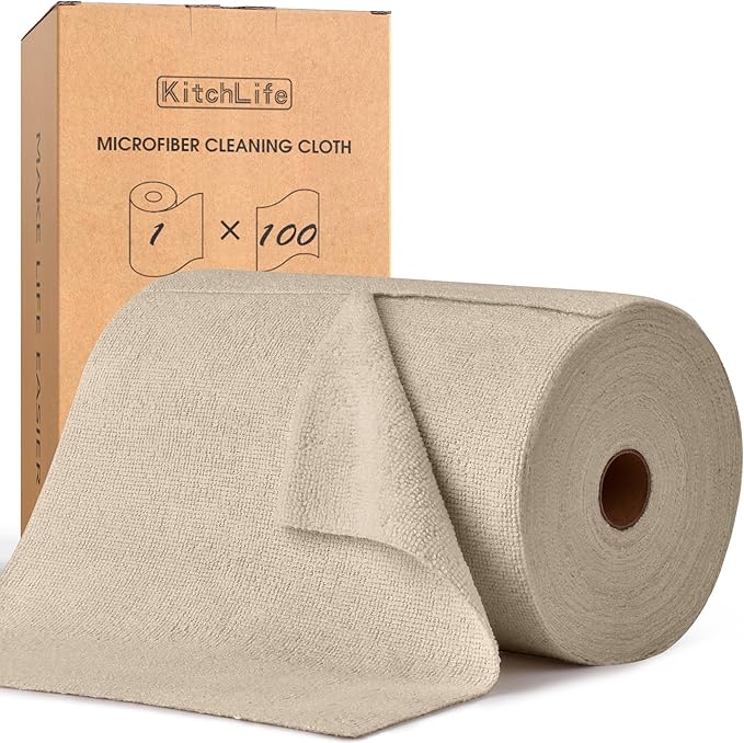 KitchLife Microfiber Cleaning Cloth Roll, 100 Pack - Tear-Away Microfiber Paper Towels, Lint-Free, Reusable, Washable for Kitchen, Car, Dishes, and Sensitive Surfaces (Sand Beige)
