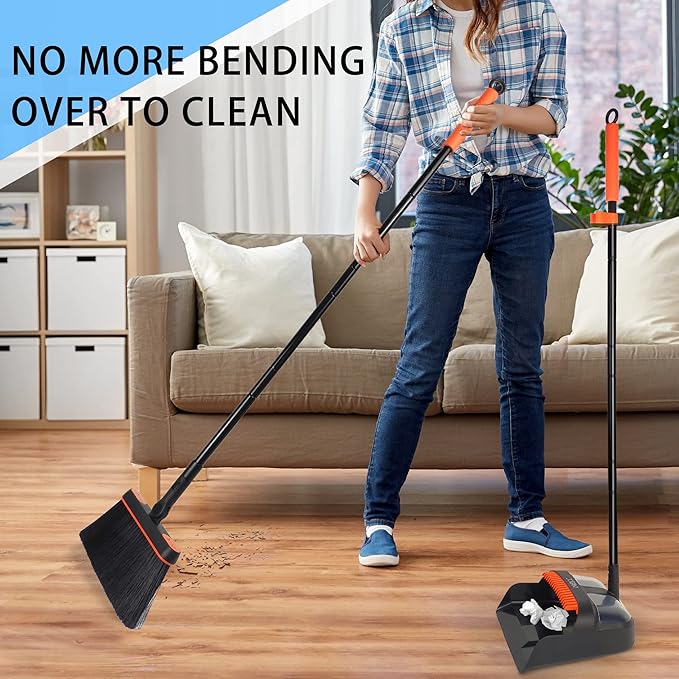 JEHONN Broom and Dustpan Set for Home, Long Handle Lightweight 180 Degree Rotating Broom Set Indoor, Upright Standing Dust Pan with Comb Teeth, Store Sweep Set for Room Kitchen Office Lobby